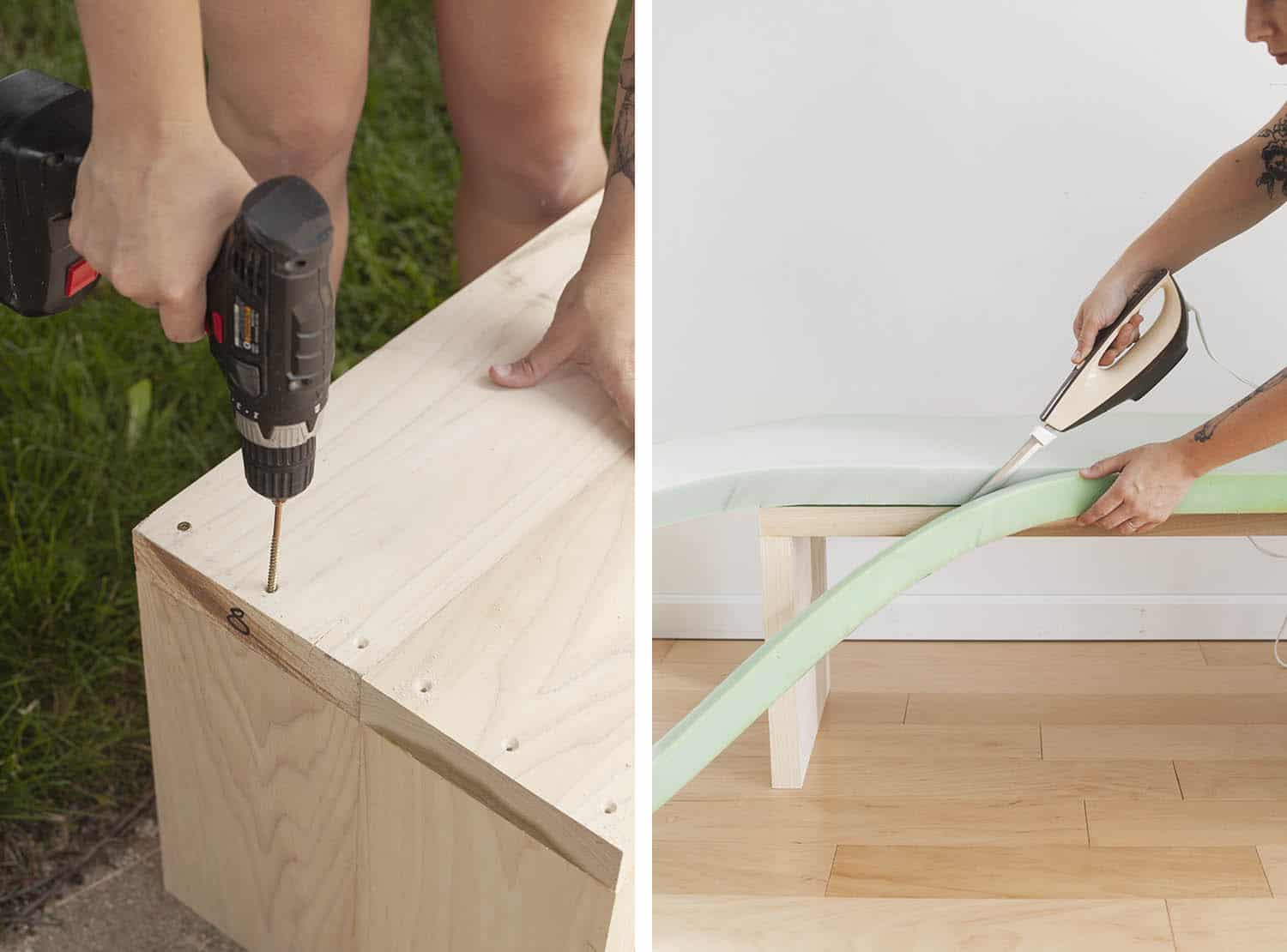 upholstered waterfall bench DIY