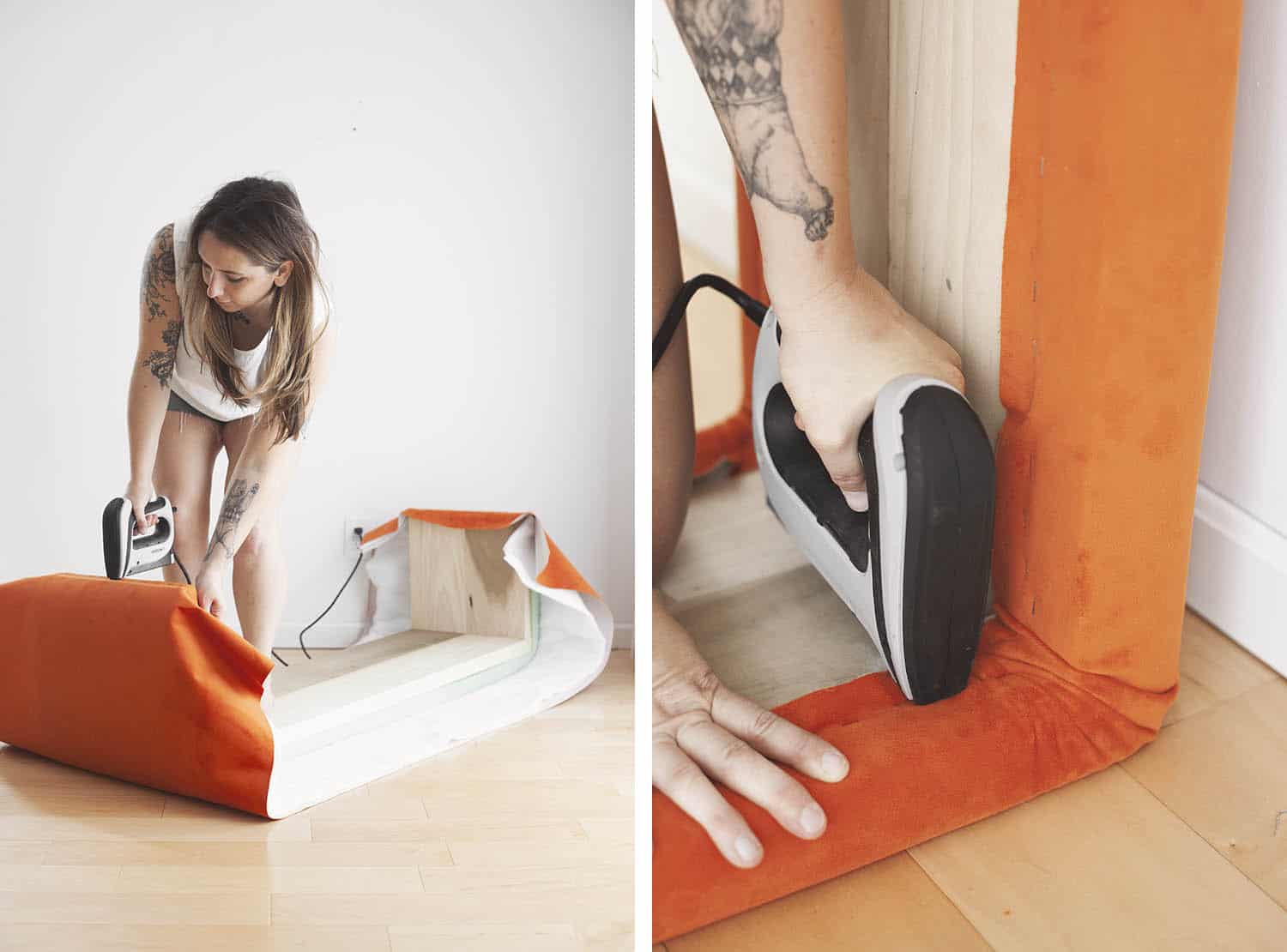 upholstered waterfall bench DIY