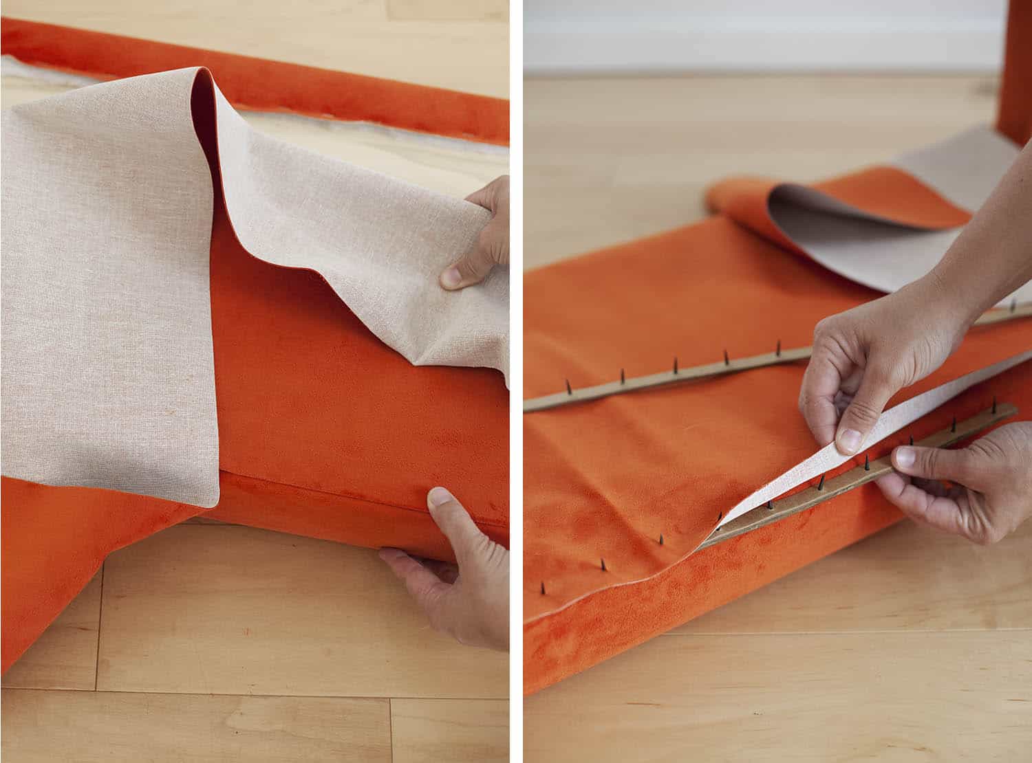 upholstered waterfall bench DIY